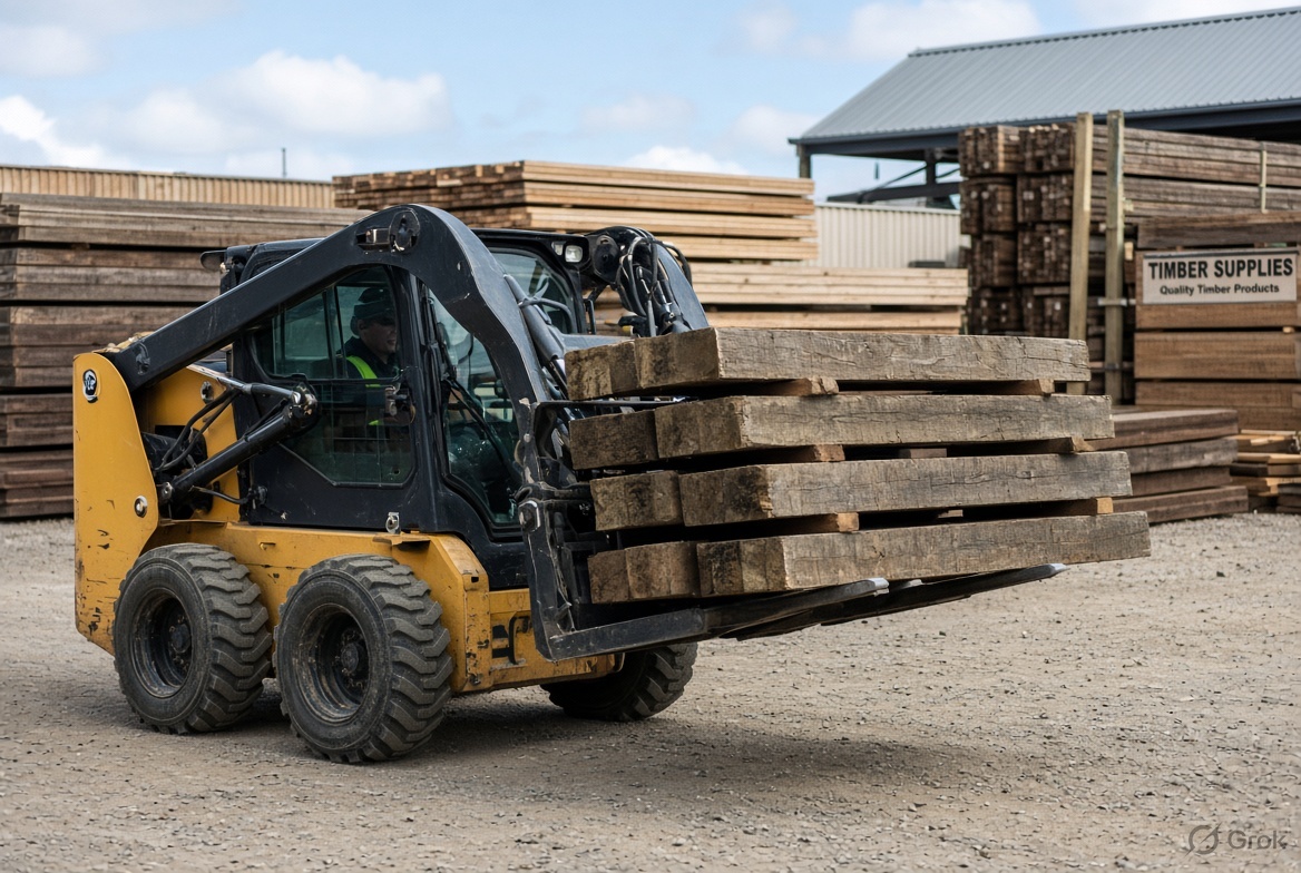 Skid steer moving timber