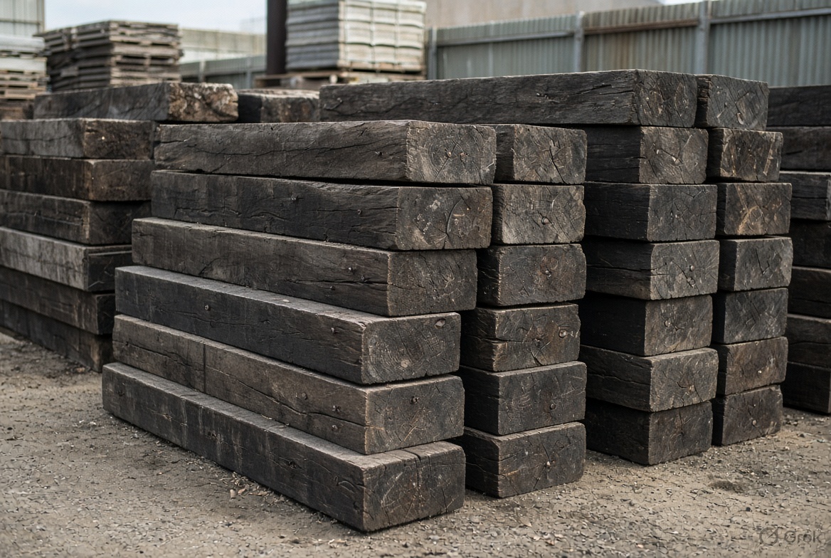 Stacked railway sleepers